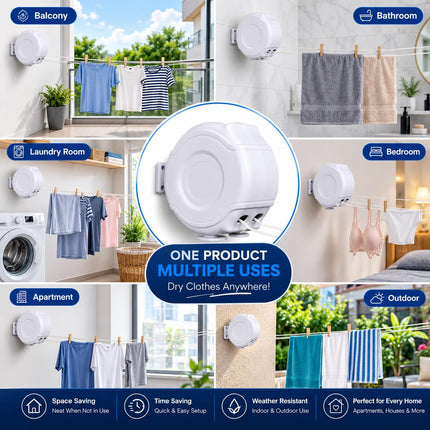 26M Retractable Clothes Line 30KG Heavy Duty Double Washing Line Extendable Wall Mounted Dryer