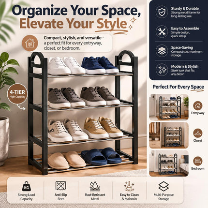 4-Tier Lightweight Shoe Rack Stand – Office & Entryway Boot Storage Shelf Organizer