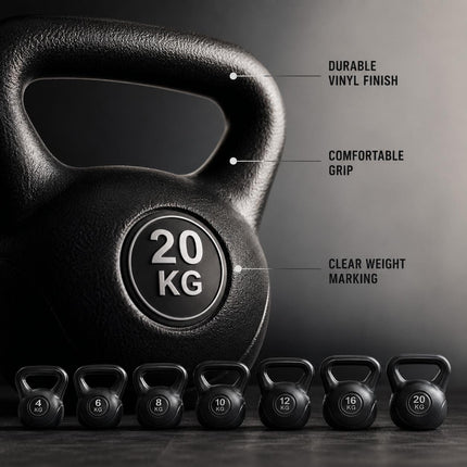 Heavy Duty Vinyl Kettlebell 4KG–20KG Cast Iron for Muscle Building Home Fitness Training with Ergonomic Grip & Anti-Slip Base