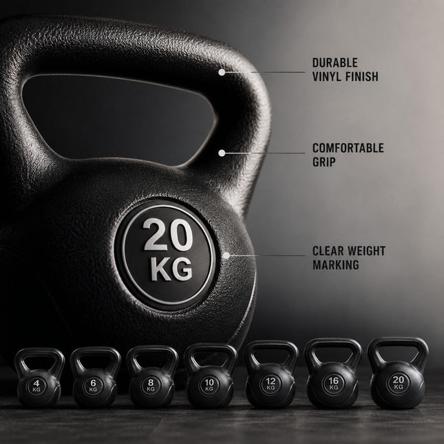 Heavy Duty Vinyl Kettlebell 4KG–20KGfor Muscle Building Home Fitness Training with Ergonomic Grip & Anti-Slip Base