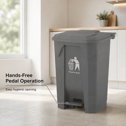 80L Grey Pedal Dustbin with Lid, Large Capacity PP5 Plastic Waste Bin, Foot Operated Rubbish Container for Kitchen, Office, Bathroom, Home & Commercial Use