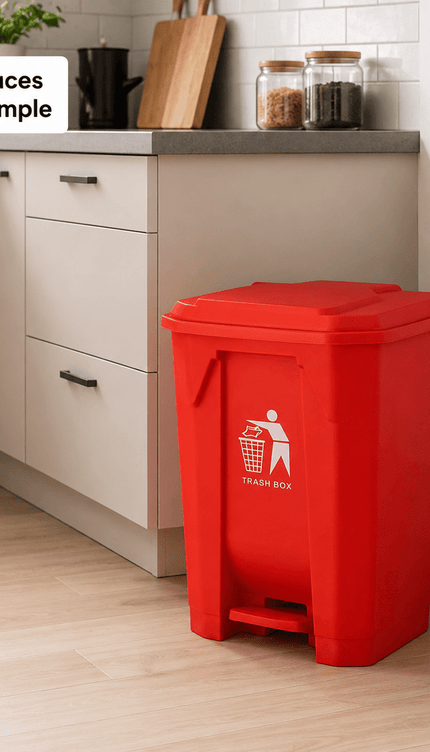 50L Pedal Trash Bin with Lid, Red PP5 Plastic Waste Bin, Hands-Free Foot Operated Rubbish Bin for Kitchen, Bathroom, Bedroom, Office & Workspace, Approx. 40.3 × 38.2 × 56.8 cm