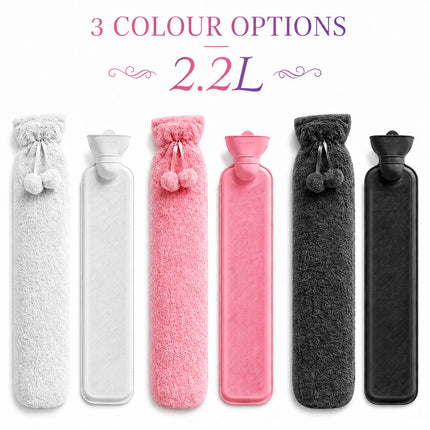 Hot Water Bottle 2L & Extra Long 2.2L with Soft Faux Fur Fleece Cover Reusable Winter Bed Warmer for Neck, Back, Stomach, Hands & Feet  Drinkware Portable Bottle