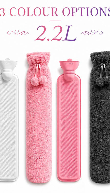 Hot Water Bottle 2L & Extra Long 2.2L with Soft Faux Fur Fleece Cover Reusable Winter Bed Warmer for Neck, Back, Stomach, Hands & Feet  Drinkware Portable Bottle