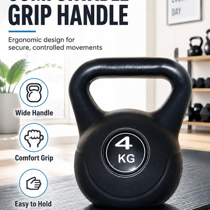 Vinyl Kettlebell Weight 4KG–20KG, Cast Iron Strength Training Equipment with Wide Grip Handle & Stable Flat Base, Free Weight for Home Gym, Squats, Swings and Full Body Workouts