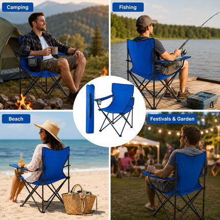 Folding Camping Chair with Cup Holder Black Portable Lightweight Outdoor Chair Steel Frame Polyester Seat for Garden, Beach, Picnic, Fishing & Festivals, Supports Up to 110KG