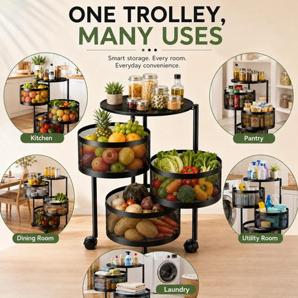 4 Tier Rotating Storage Trolley with Wheels Space-Saving Kitchen Vegetable Rack and Bathroom Organizer Shelf
