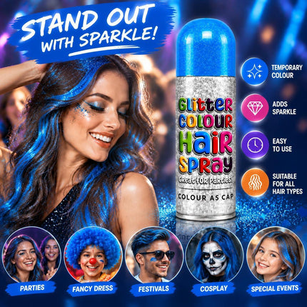 Glitter Blue Temporary Hair Colour Spray 200ml Washable for Parties Festivals & Fancy Dress Sparkling Finish Easy Application - Haircare