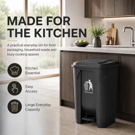 80L Pedal Bin with Lid, Large Black Plastic Kitchen Rubbish Bin for Home, Office, Bathroom and Workspace Waste