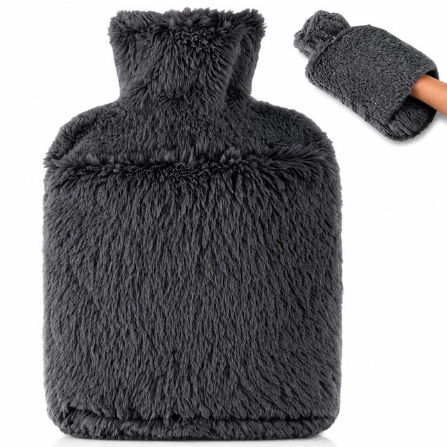 2L Hot Water Bottle with Soft Faux Fur Cover Dark Grey Leakproof Hot Water Bag with Hand Warmer Pocket  Reusable Winter Heat Therapy for Pain Relief & Warmth
