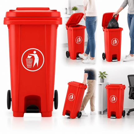 120L Red Outdoor Wheelie Bin with Lid, Heavy Duty HDPE Waste Rubbish Dustbin with Rubber Wheel