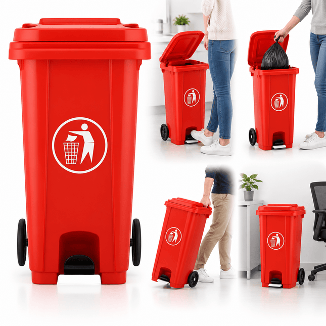 120L Red Outdoor Wheelie Bin with Lid, Heavy Duty HDPE Waste Rubbish Dustbin with Rubber Wheel