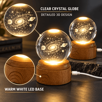 3D Tree of Life Crystal Ball LED Decorative Lamp, 6cm Glass Globe with 360° Rotating Wooden-Effect Base, Warm White USB Powered Ornament, Pack of 2