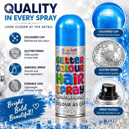 Glitter Blue Temporary Hair Colour Spray 200ml Washable for Parties Festivals & Fancy Dress Sparkling Finish Easy Application - Haircare