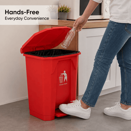 50L Pedal Trash Bin with Lid, Red PP5 Plastic Waste Bin, Hands-Free Foot Operated Rubbish Bin for Kitchen, Bathroom, Bedroom, Office & Workspace, Approx. 40.3 × 38.2 × 56.8 cm