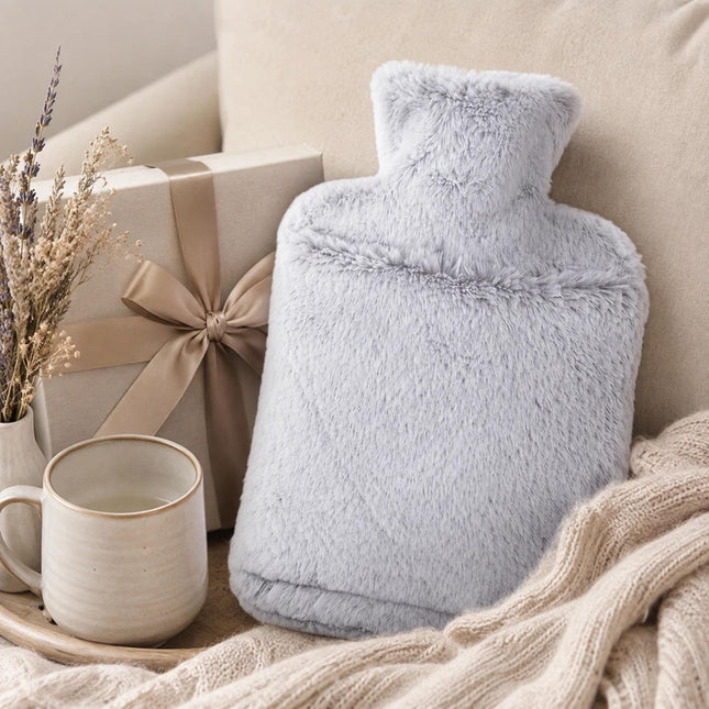 2L Hot Water Bottle with Luxury Faux Fur Cover & Hand Warmer Pocket, Soft Winter Heat Bag with Secure Screw Cap for Bed, Sofa, Back, Tummy, Hands & Feet – Pink, Dark Grey, Light Grey