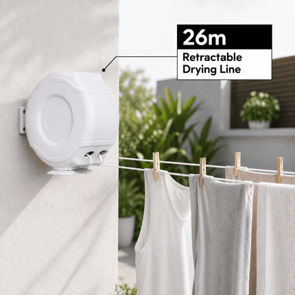Retractable Washing Clothes Line, Wall Mounted Clothes Drying Line, Space Saving Laundry Line for Indoor Outdoor Use, Garden Balcony Utility Room, White
