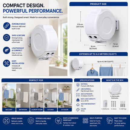 26M Retractable Clothes Line 30KG Heavy Duty Double Washing Line Extendable Wall Mounted Dryer