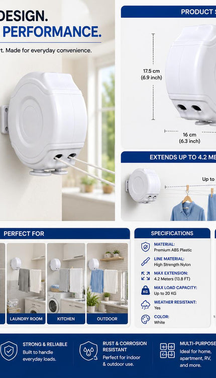 26M Retractable Clothes Line 30KG Heavy Duty Double Washing Line Extendable Wall Mounted Dryer
