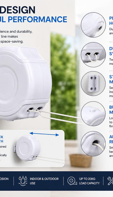 26M Retractable Clothes Line 30KG Heavy Duty Double Washing Line Extendable Wall Mounted Dryer