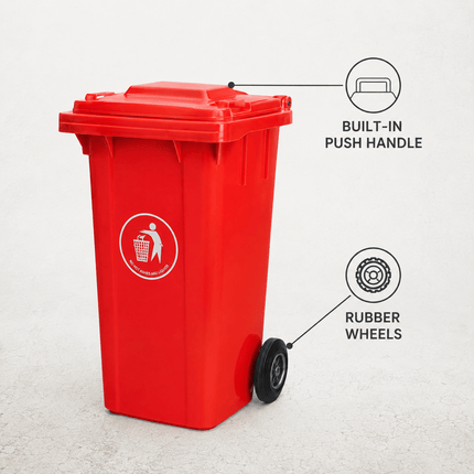 100L Red Wheelie Bin with Lid and Rubber Wheels, Heavy Duty HDPE Outdoor Refuse Waste Bin, 74 x 53 x 45 cm, for Home, Flat, Garage and Workplace
