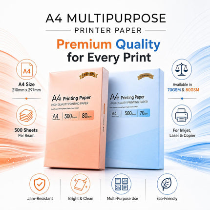 A4 Multipurpose Printer Paper White 70GSM 80GSM 500 Sheets 1 Ream Copy Paper for Inkjet Laser Copier Home Office School Printing