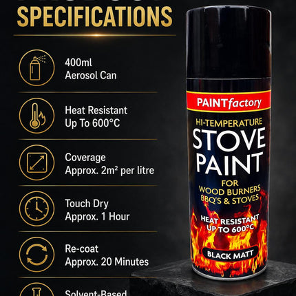 400ml Stove Spray Paint Black Matt | Heat Resistant Paint for Wood Burners Fireplaces BBQs & Metal Surfaces