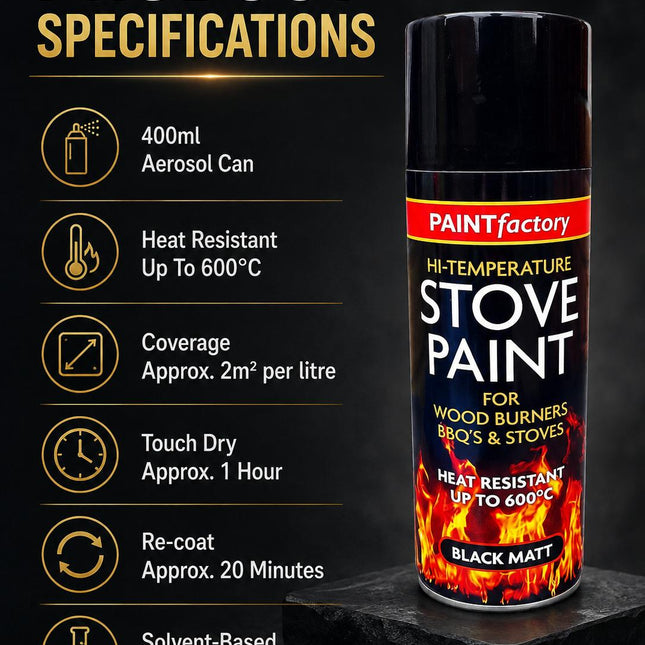 400ml Stove Spray Paint Black Matt | Heat Resistant Paint for Wood Burners Fireplaces BBQs & Metal Surfaces