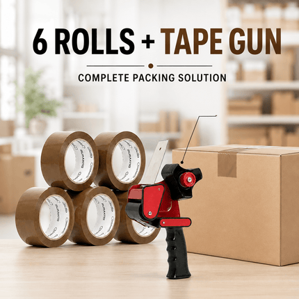 6 Rolls Brown Packing Tape with Tape Gun Dispenser 48mm x 66m, Parcel Sealing Tape for Boxes, Moving, Shipping and Packaging