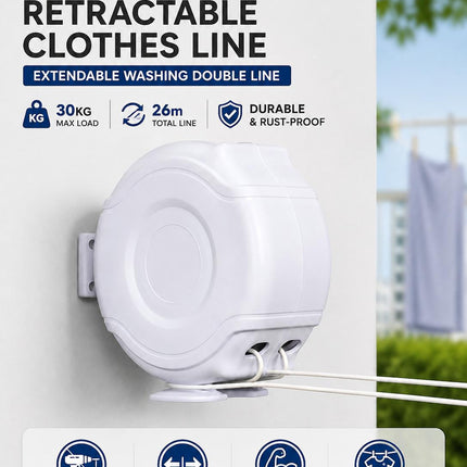 Retractable Clothes Reel Wall Mounted Drying Line 12m 15m 26m 30m Indoor Outdoor Laundry Airer Space Saving