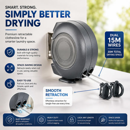 30M Retractable Clothes Line 30KG Heavy Duty Double Washing Line Extendable Wall Mounted Dryer