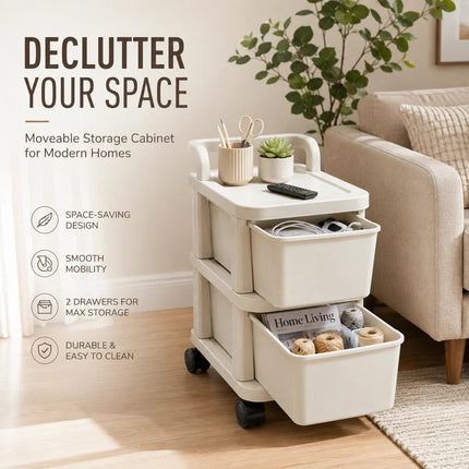 2 Tier Mobile Drawer Cabinet Storage Trolley Plastic with Castor Wheels for Home Office Kitchen and Bathroom