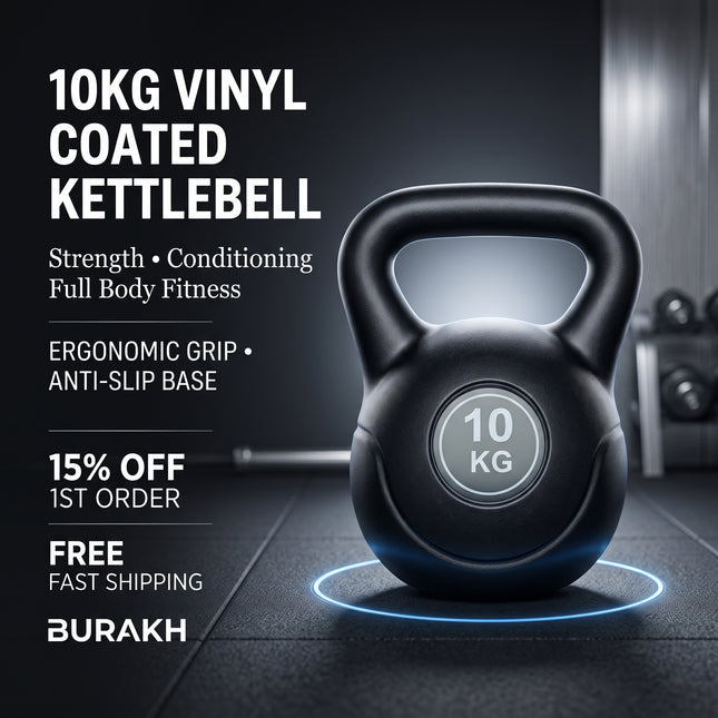 10kg Cast Iron Kettlebell, Black Strength Training Weight with Flat Base for Home Gym Workouts