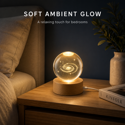 3D Engraved Galaxy Crystal Ball Night Light 6cm USB Wooden Base Warm White + RGB