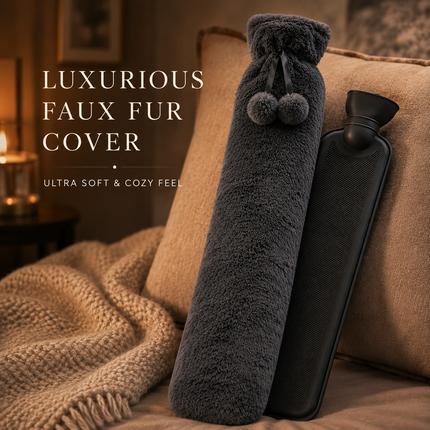 Extra Long 2.2L Hot Water Bottle Soft Fleece Cover Body Pain Relief Dark Grey