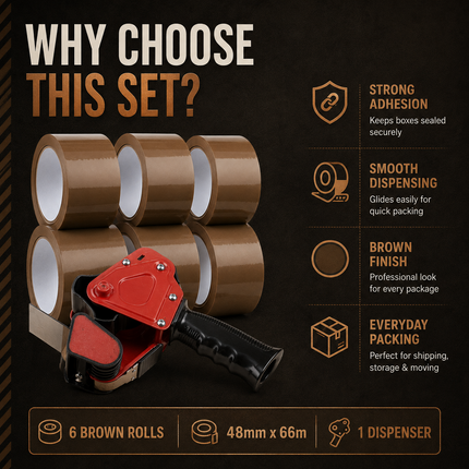 Tape Gun Dispenser with 6 Brown or Clear Packing Tape Rolls 48mm x 66m