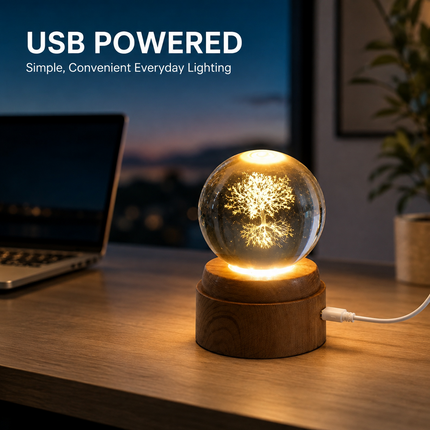 Tree of Life Crystal Ball 6cm LED Night Light Rotating Base USB Warm White + RGB