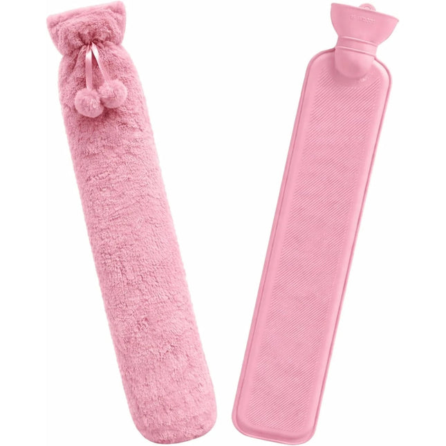 Extra Long 2.2L Hot Water Bottle Soft Fleece Cover Neck Back Pain Relief - Pink