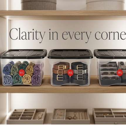 4x Curve Storage Boxes With Lid 10L Clear Plastic Home Office Underbed Organizer