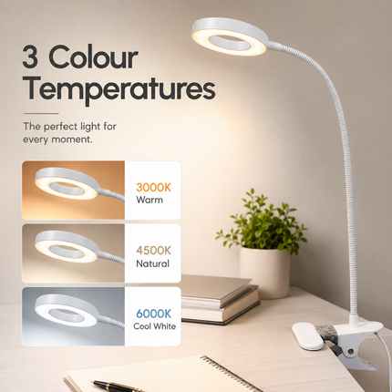 LED Gooseneck Clip Desk Lamp USB Dimmable 3 Colour Modes 10 Brightness Level