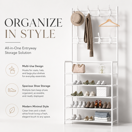 Coat Shoe Rack 5 Tier Entryway Storage Organizer Bench White