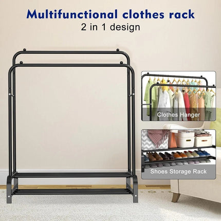 Double Clothes Rail Heavy Duty Garment Rack with Shoe Storage Display Stand