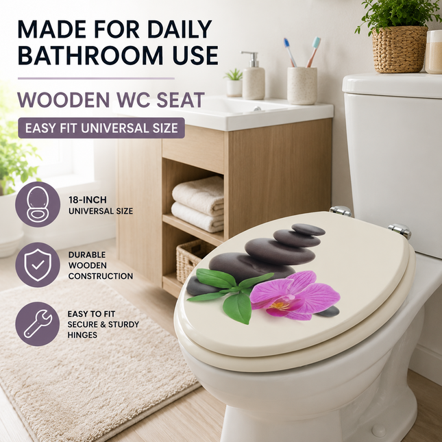 18" UNIVERSAL BATHROOM TOILET SEAT WOODEN EASY FIT WC SEAT WITH FITTINGS