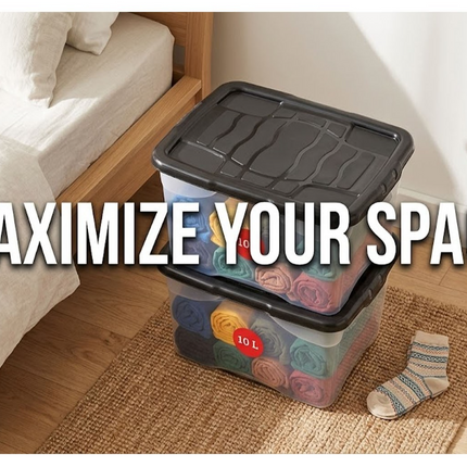 4x Curve Storage Boxes With Lid 10L Clear Plastic Home Office Underbed Organizer