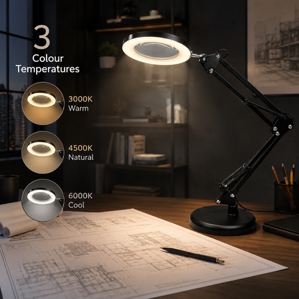 3X Magnifying Glass LED Desk Lamp Stepless Dimmable 3 Colour Swing Arm