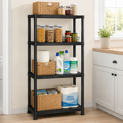 Storage Shelving 4 Tier Black Plastic Rack Pack 2 Home Garage