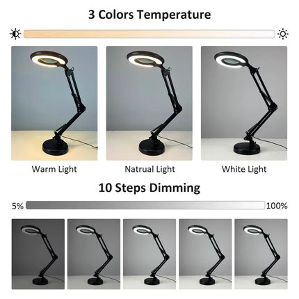 LED Magnifier Lamp 3X Glass with Desk Clamp Light 3 Color Modes Adjustable