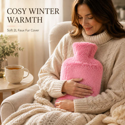 Hot Water Bottle 2L & 2.2L Extra Long Soft Fleece Faux Fur Cover Winter Warmer