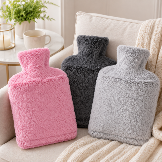 Hot Water Bottle Faux Fur Cover 2L Soft Leakproof Heat Bag Winter Warmer