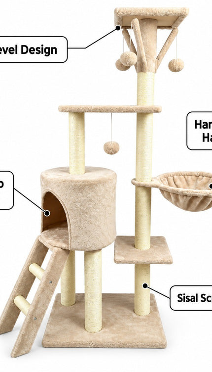 Multi Level Cat Tree 145cm Sisal Scratching Post Hammock Condo Climbing Tower